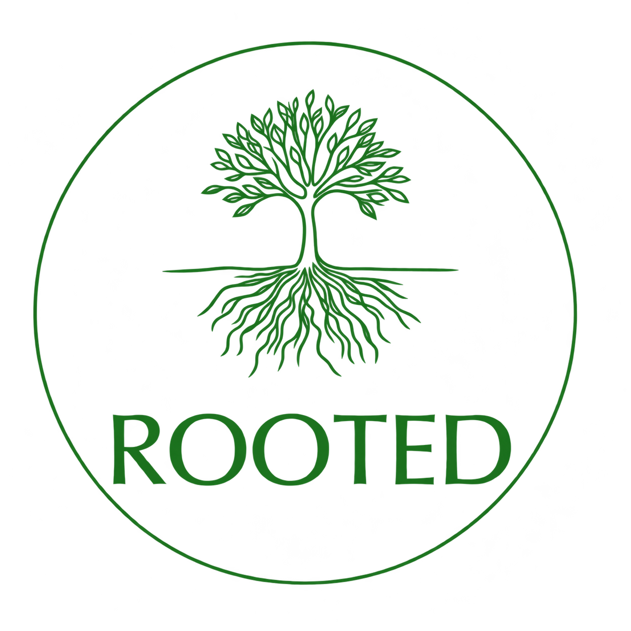 Rooted: a green tree with visible roots